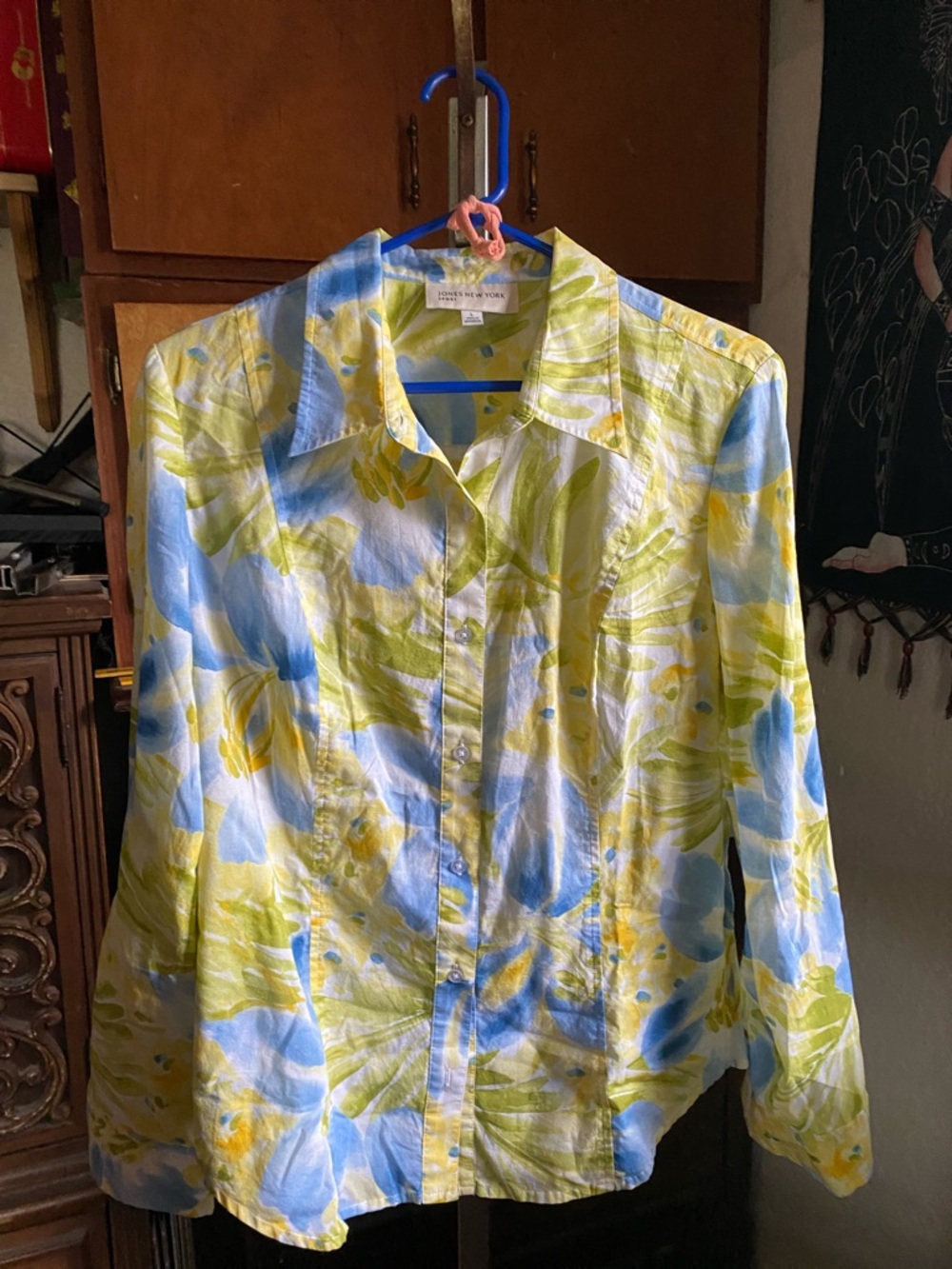 Jones New York Blue, Yellow & Green Floral Button-Up Blouse